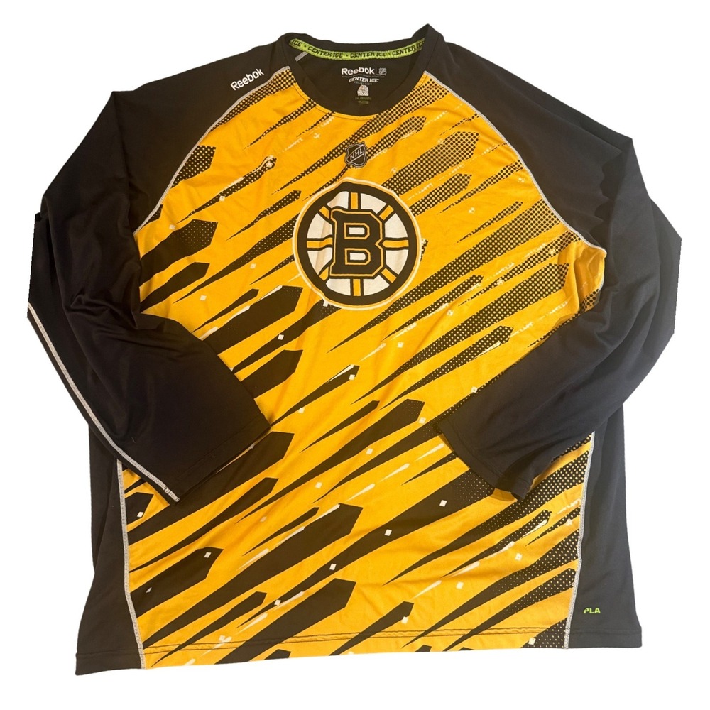 Reebok NHL Center Ice Boston Bruins Long Sleeve Shirt Yellow Black Mens 2XL